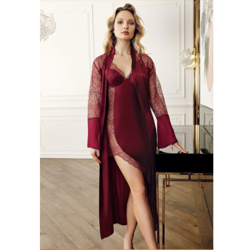 Perin Lingerie Asymmetrical Satin & Lace Slip Dress With Flared Sleeve Belted Robe | Burgundy