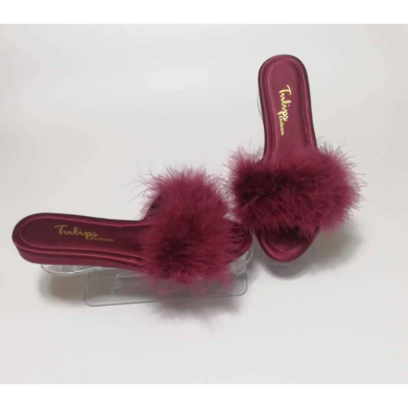 Perin Lingerie Matching Feathered Slippers (Flats) | Burgundy (Sizes 3-9)