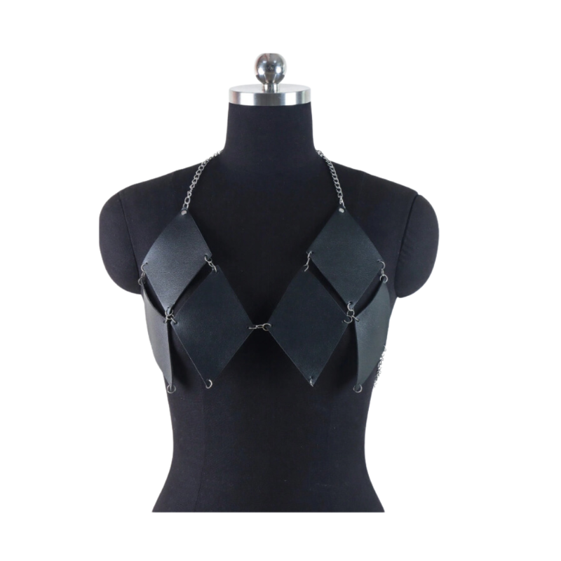 PVC Leather Diamond Block & Chain Harness - Lingerie