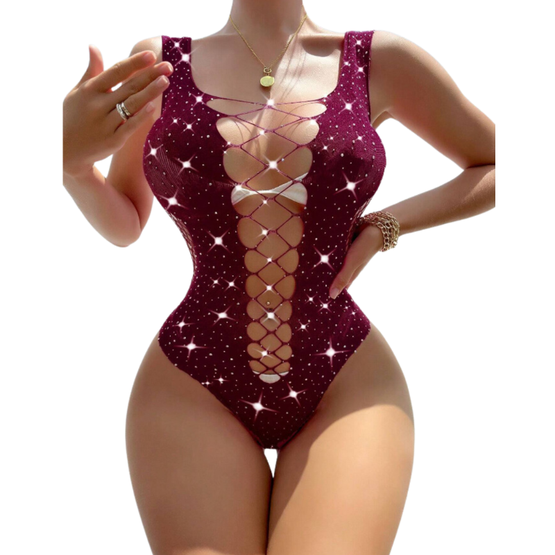 Rhinestone Studded Cut Out Front Bodysuit Burgundy (One Size) - Lingerie