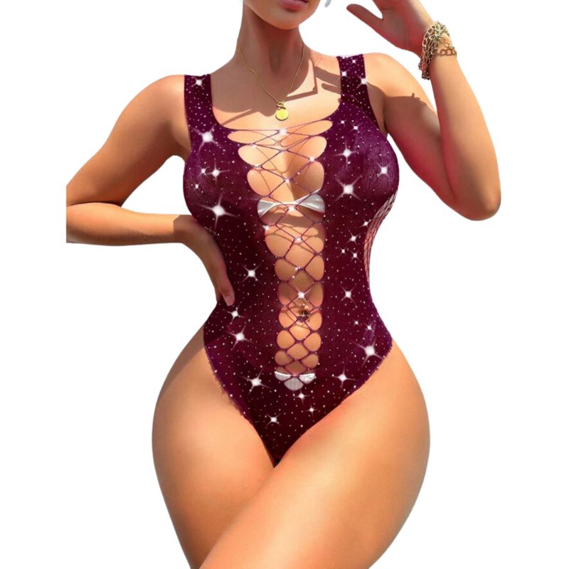 Rhinestone Studded Cut Out Front Bodysuit Burgundy (One Size)