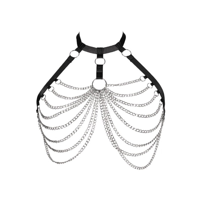 Ring Linked Silver Chain Detail Harness Bralette (Plus Size) - Lingerie