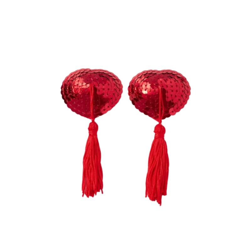 Red Sequined Heart Shaped Tassel Nipple Pasties - Sex Toys Lingerie