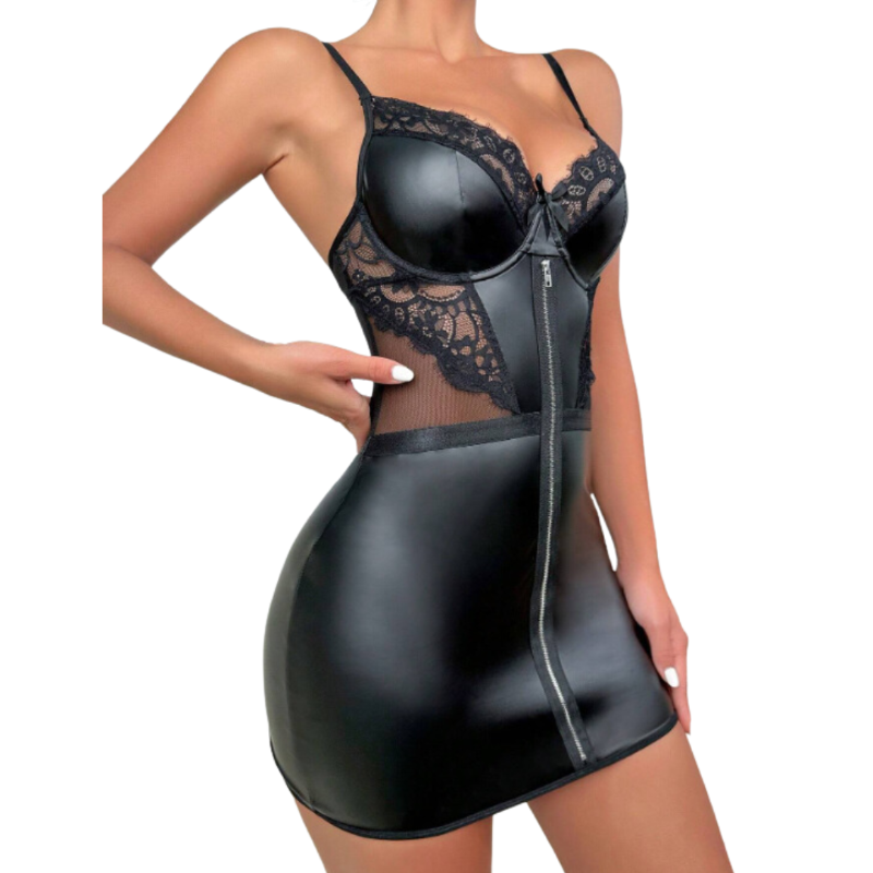 Zip Up Mini Dress With Lace Cut-Out Bodice - Lingerie