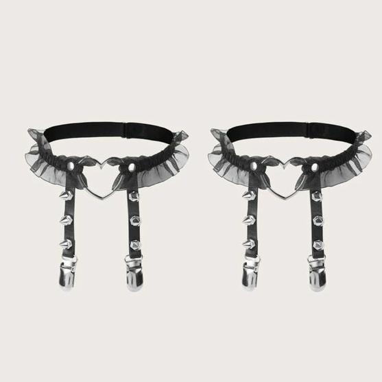 Hearts & Studs Lace Garter Belt (2pcs) One Size - Lingerie